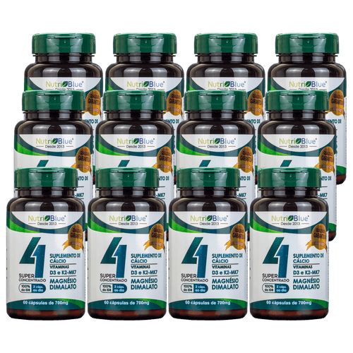 Promoção 12 frascos - Suplemento Quarteto Vitaminico Super Concentrado Nutriblue Com Cálcio, Magnésio Dimalato, Vitamina D3 E K2