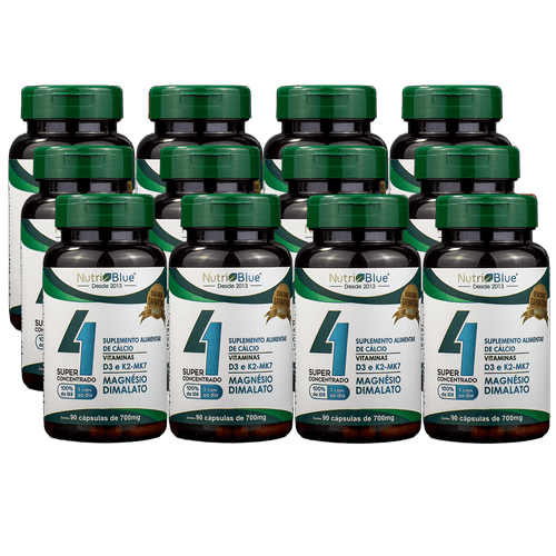 Promoção 12 frascos - Suplemento Quarteto Vitaminico Super Concentrado Nutriblue Com Cálcio, Magnésio Dimalato, Vitamina D3 E K2